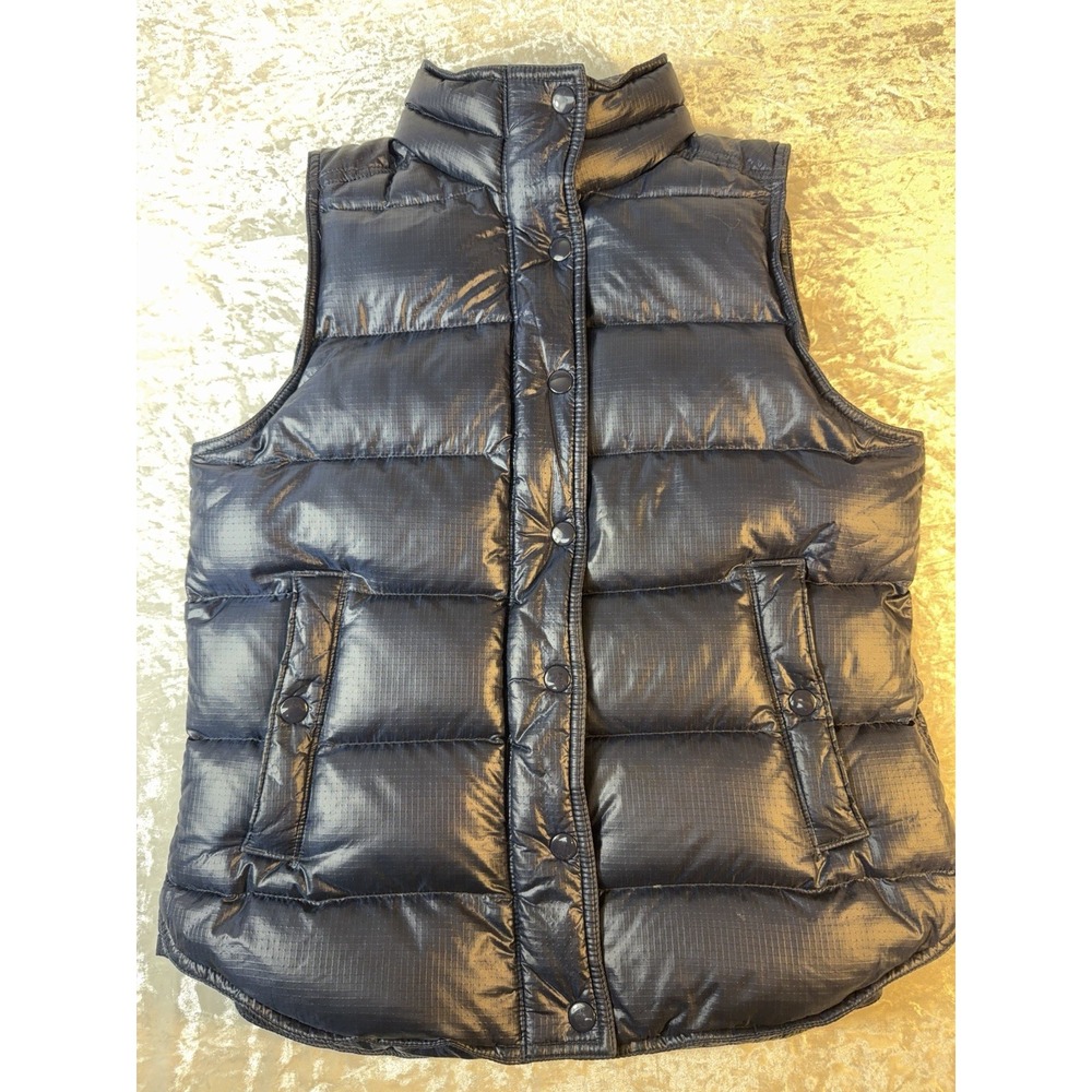 J.Crew Down Puffer Vest Women XS Navy Blue Shiny Ripstop Quilted Zip Snap